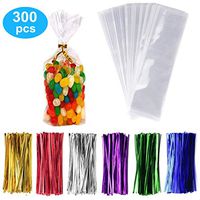 300 Pack Clear Candy Bags Clear Cellophane Bags 2"x10" Cookie Bags With 3.1" Twist Ties 6 Mix Colors - 1.4mils Thickness OPP Plastic Bags for Wedding Birthday Cake Pops Gift Supplies(3"x11")