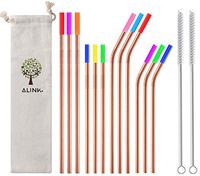 ALINK 12-Pack Reusable Rose Gold Metal Drinking Straws with Silicone Covers, Stainless Steel Straws for 30oz / 20oz Yeti/Rtic Tumblers with Cleaning Brush and Carrying Case