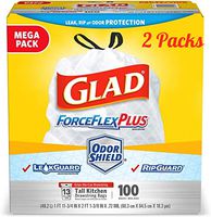 Clorox Commercial Solutions Glad ForceFlex Tall Kitchen Drawstring Trash Bags - Unscented - 13 Gallon - 100 Count (Pack of 2)
