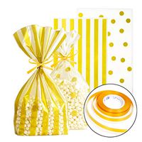 ADIDO EVA Cellophane Bags Gold with Ties for Treat Cookie Candy Party Favors (10 x 6 x 2.3 inch Striped and Polka Dots 200CT)