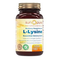 Sun Pure Premium Quality L-Lysine – 1000 mg Tablets Glass Bottle - Commonly Used for Cold Sores, Immune Support, Respiratory Health & More - 180 Tablets