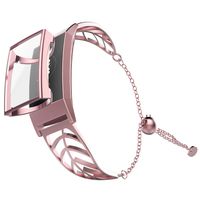 UMTELE Band Compatible with Fitbit Charge 3 Leaf Shape Stainless Steel Bracelet Women Replacement Band with Full Cover Screen Protector Case for Fitbit Charge 3 & Charge 3 SE (Pinkgold)