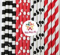 100 pcs Mixed Pirate Party Paper Straws, Red Striped Polka Dot Black Sailor Stripe Dot Beverage Paper Drinking Straws Bulk, Cute Mouse Kids Birthday Party Cake Pop Sticks