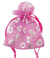 PEPPERLONELY Brand 100PC Silver Flower Printed Fuchsia Party Favor Drawstring Organza Gift Bags 90x70mm (3-1/2x2-3/4 Inch)