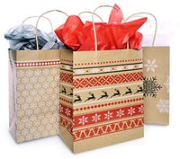 Christmas Gift Bag Set with Tissue Paper Included | Red & White Nordic Print Gift Bag | Paper Kraft Bags in 3 Assorted Holiday Designs with Matching Tissue Paper | Xmas Fair Isle Bulk Packaging (6)