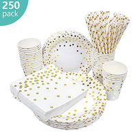 esafio 250 PCS Disposable Paper Plates Set, Tableware Sets Include 50 Dinner Plates, 50 Dessert Plates, 50 Paper Cups, 50 Paper Luncheon Napkins, 50 straws for Birthday Party, Wedding, Baby Shower