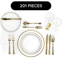 201 Piece Gold Rim Elegant Disposable Plastic Silverware and Plate Set Serves 25, with 25 Dinner Plates, 50 Salad/Dessert Plates, 50 Forks, 25 Knives, 1 Cake Cutter, 25 Spoons & 25 12oz Plastic Cups