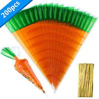 Boao 200 Counts Easter Carrot Patterned Cone Cellophane Bags Treat Goody Bags with 200 Pieces Gold Twist Ties for Easter Party Favor