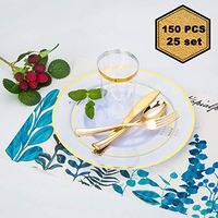 150 Pcs Gold Plastic Disposable Dinner Plates, Disposable Dinnerware Set, include 25 Dinner Plates (10.25"), 25 Dessert Plates (7.5"), 25 Tumblers (12.5 oZ), 25 Forks, 25 Knives and 25 Spoons