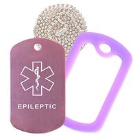 Epileptic Medical Alert ID Necklace with Pink Tag, Purple Silencer, and 30'' USA Chain - 154 Color Choices