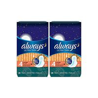 Always Ultra Thin Feminine Pads for Women, Size 4, Overnight Absorbency, with Wings, Unscented, 28 Count-Pack of 2 (56 Count Total)