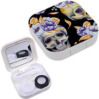 Portable Contact Lens Case Box Travel Kit Mirror + Bottle + Tweezers Container Holder [ Watercolor Skulls Violet ]