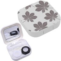 Portable Contact Lens Case Box Travel Kit Mirror + Bottle + Tweezers Container Holder [ Gray Brown Leaves On Light ]