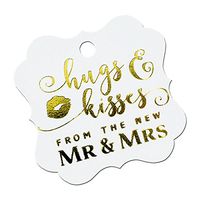 Summer-Ray 50pcs Gold Foil Hot Stamping Pure White Elegant Square Hugs & Kisses from The New Mr & Mrs Wedding Favor Gift Tags