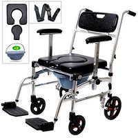Nurth 4 in 1 Wheelchair Shower Commode Mobile Chair/Padded Toilet Seat Shower Transport Chair with Brakes, Removable Pedal, up and Down arm, PU Commode Seat and 2 Pail, 8" Rear Wheel, 6" Front Wheel