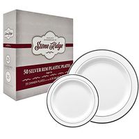 50 Classy Disposable Plastic Plates, 25 Pieces of 10.25 Inch and 25 Pieces of 7.5 Inch White Plates, Silver Trim
