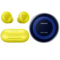Samsung Galaxy Buds 2019, Bluetooth True Wireless Earbuds (Wireless Charging Case Included), Black - International Version, No Warranty (Buds + Fast Wireless Charging Pad Bundle, Yellow)
