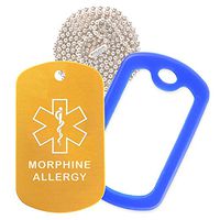 Morphine Medical Alert ID Necklace with Gold Tag, Blue Silencer, and 30'' USA Chain - 154 Color Choices