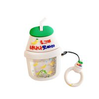 ICI-Rencontrer Creative 3D Quickstand moving Bling Glitter Banana Yogurt Bottle Design Airpods Case Cute Fresh Fruit Drinks Soft Silicone Protective Wireless Earphone Charging Case Decoration