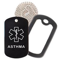 Asthma Medical Alert ID Necklace with Black Tag, Black Silencer, and 30'' USA Chain - 154 Color Choices