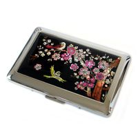 Antique Alive Mother of Pearl Pink Apricot Flower Yellow Bird Design Women's Engraved Metal Cigarette Holder Case