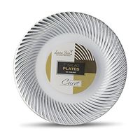 [40 Count - 7 Inch Plates] Laura Stein Designer Tableware Premium Heavyweight Plastic White Appetizer - Salad Plates With Silver Border, Party & Wedding Plate, Classic Series, Disposable Dishes
