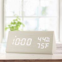 Digital Alarm Clock, with Wooden Electronic LED Time Display, 3 Alarm Settings, Humidity & Temperature Detect, Wood Made Electric Clocks for Bedroom, Bedside, White