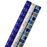 Hallmark Tree of Life Hanukkah Wrapping Paper Bundle with Cut Lines on Reverse, Blue, Gold and White (Pack of 3, 140 sq. ft. ttl.)