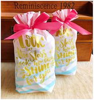 ZEALAX 15-Pack Plastic Treat Bags Gold Letters Bakery Gift Bags Cookie Candy Buffet Wrapping Drawstring Goodies Bag, 6 inches x 9 inches