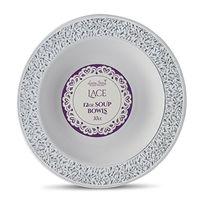 [40 Count - 12 Oz Bowls] Laura Stein Designer Tableware Premium Heavyweight Plastic White Soup Bowl With Silver Designed Border, Party & Wedding Plate lace Series Disposable Dishes
