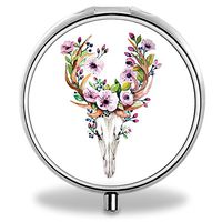 Compact 3 Compartment Medicine Case, IMLONE Customized Watercolor Flower Skull Deer Pill Organizer Metal Pill Box Pill Container for Purse, Travelling and Daily Needs