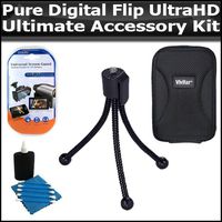 Ultimate Accessory Kit For Pure Digital Flip UltraHD Camcorder 3rd Generation U260BL, U260W, U260MG Includes Slim Protective Hard Case + Mini Tripod + Clear LCD Screen Protectors + Lens Cleaning Kit