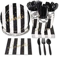 Black and White Party Supplies - Serves 48 with Stripe Gold Stars Design Perfect for Graduation, Birthday and Anniversary