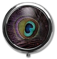 BeeGogo - Peacock Feather Custom Round Silver Pill Box Pocket 2.1 inches Medicine Tablet Holder Organizer Case for Purse