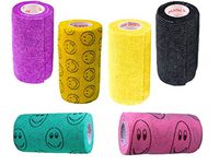 4 Inch Self Adhesive Medical Bandage Wrap Tape (Purple, Yellow, Black and Smiles on Yellow, Neon Pink, Teal) (6 Pack) Strong Elastic Self Adherent Flex Rolls for Wrist Ankle Knee Sprains and Swelling