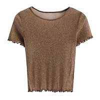 EUBUY Ladies Sexy Mesh Lace Perspective Blouse Short Sleeve Transparent Shirt Tank Top Gold M
