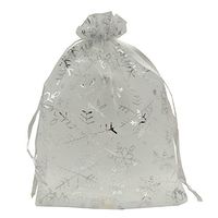Ankirol 100pcs Christmas Organza Favor Bags Snowflake with Silver Print White Jewelry Candy Gift Bags Samples Display Drawstring Pouches (6.7x9)