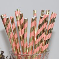 Free DHL 500 pcs Gold Foil and Light Pink Striped Paper Straws Bulk, Stripe Metallic Gold Foil Light Pink Paper Drinking Straws for Holiday Party, Wedding, Baby Shower, Birthday
