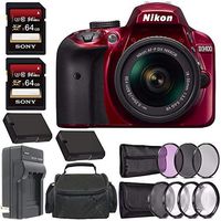 Nikon D3400 DSLR Camera with 18-55mm AF-P DX Lens (Red) + Battery + Charger + 64GB + Spacious Carrying Case Bundle