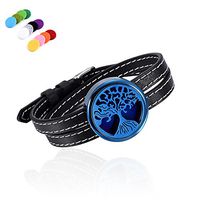 constantlife Tree of Life Stainless Steel Fragrance Jewelry Adjustable Genuine Leather Band Bracelet Essential Oil Diffuser with 12 Pads (Black and Blue)