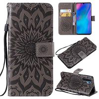 Cfrau Kickstand Wallet Case with Black Stylus for Huawei P30 Pro,Retro Mandala Sunflower PU Leather Magnetic Flip Folio Stand Soft Silicone Card Slots Case with Wrist Strap - Gray