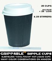 Grippable Hot Liquid Cups Ripple Insulated Hot-Cold Drink Cups, Lids Stirrers Disposable, 12 oz, 25 Piece