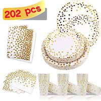 Aytai 202 Pcs Gold Dot Disposable Paper Plates, Paper Napkins Cups, Party Plates Sets - 50 Dinner Plates, 50 Dessert Plates, 50 9 Oz Paper Cups, 50 Napkins, Gold Plates for Baby Shower Birthday Party