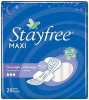 Stayfree Maxi Pads, Overnight with Wings, 28-Count Packages (Pack of 2)