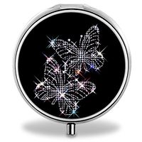 Compact 3 Compartment Medicine Case, IMLONE Customized Crystal Butterflies Pill Organizer Metal Pill Box Pill Container for Purse, Travelling and Daily Needs