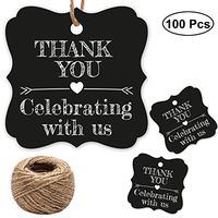 Thank You for Celebrating with Us Tags, 100Pcs Cool Black Thank You Tags for Wedding Birthday Baby Shower Party Favors, Paper Gift Tags with 100 Feet Jute String