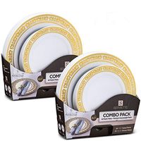 Laura Stein Designer Dinnerware Set of 80 Premium Plastic Wedding/Party Plates: White, Gold Rim. Set Includes 40 10.75" Dinner Plates & 40 7.5” Salad Plates | Servette Series