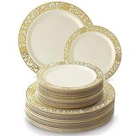 Silver Spoons 1016 Party Disposable 40 PC DINNERWARE Set Dinner 20 Salad Plates | Heavy Duty Dishes | Elegant Fine China Look | Upscale Wedding and Dining, Servings, Gold