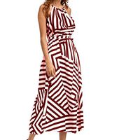 Howstar Womens Halter Open Shoulder Striped Sleeveless Long Evening Party Maxi Dress (L, Wine)