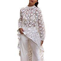 Meikosks Women's Lace Hollow Out T-Shirt Irregular Hem Blouses Long Sleeve Tops Solid Color Pullover White